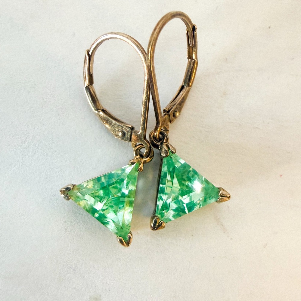 Sterling Silver 925 Leverback Earrings with Green Triangle Gemstone Drops